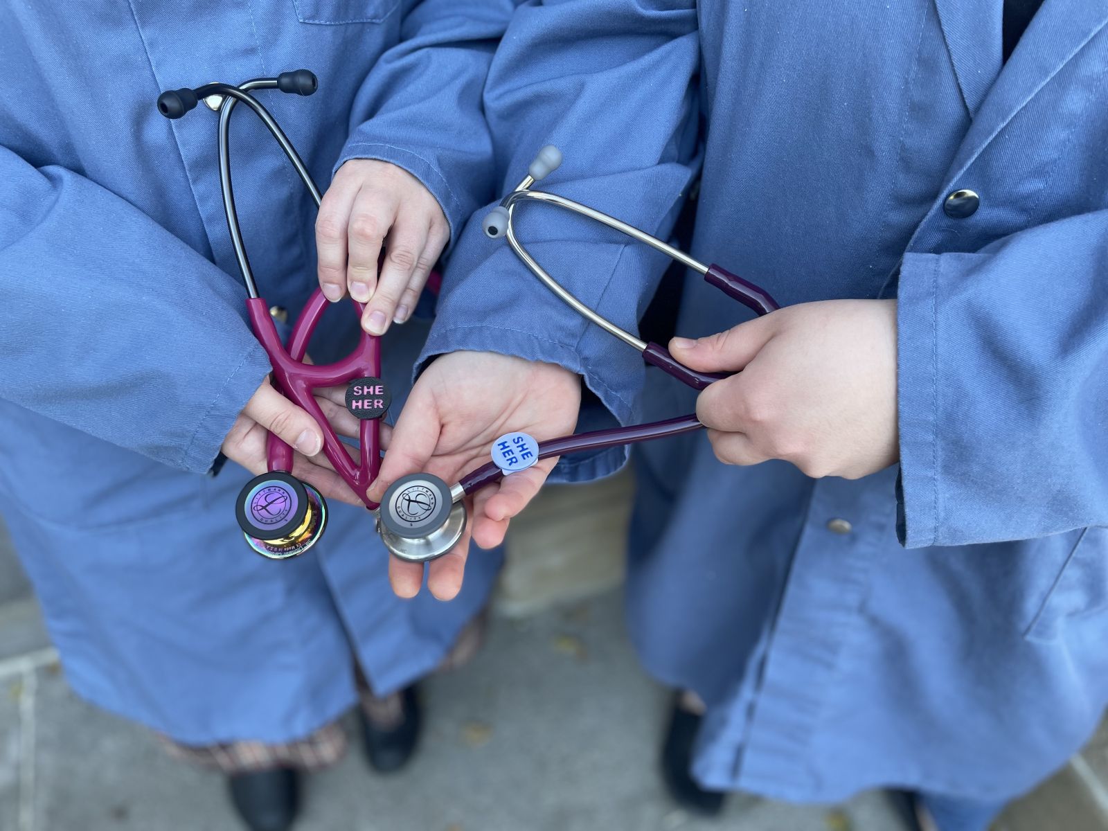 OVC student veterinarians holding stethoscope pronoun clips