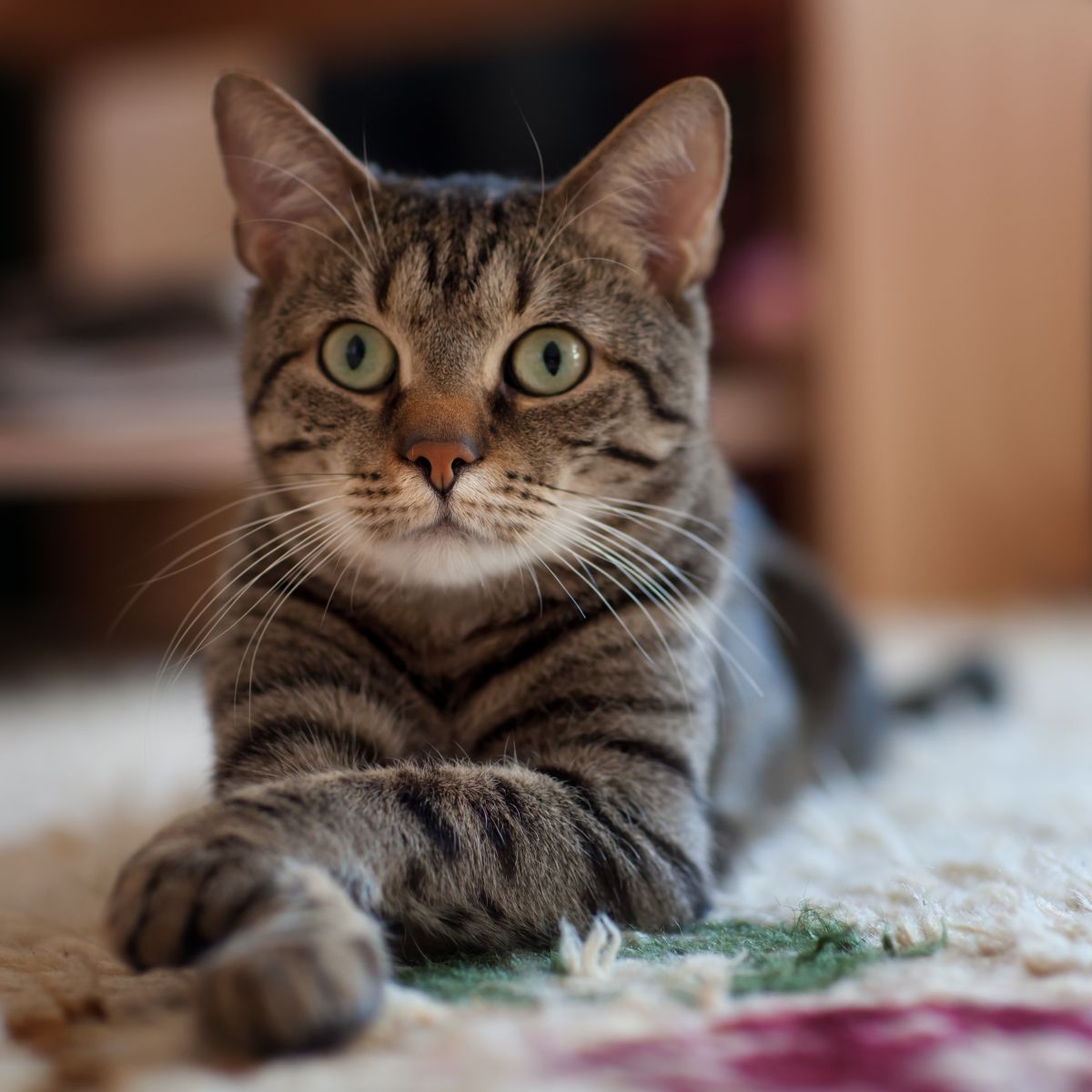 Photo of a cat lying on a rug (iStock Credit_DuxX)